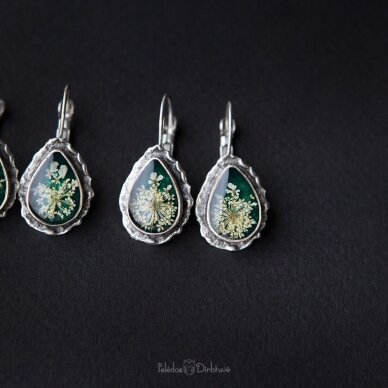Etno stiliaus sidabruoto žalvario auskarai "Emerald Queen" (Lašo formos) 2